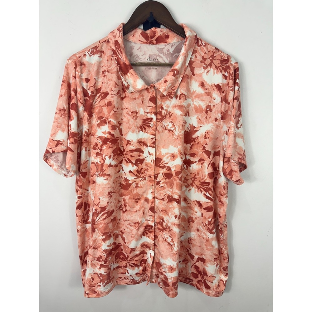 d&co Comfort Zone Shirt Women XL Peach Floral Short Sleeve Button Up Casual Top